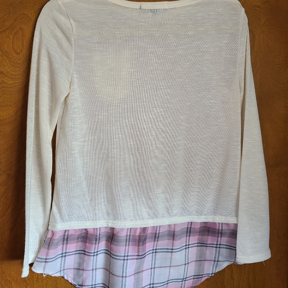 🌟 4/$20 Laugh Out Loud Always Cream Sweater with Pink Plaid Detail - size m - Picture 2 of 4